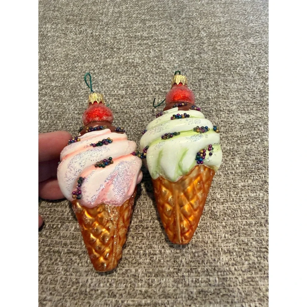 Glass Ice Cream Cone Christmas Ornaments Pink Green Glitter Sprinkles Set of 2